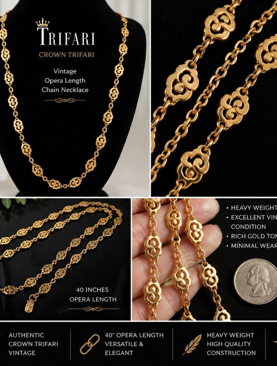 Trifari Jewelry - Vintage Crown Trifari Gold Tone Opera Length Necklace Heavy Scroll Link Chain